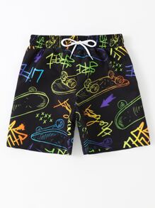 Tween Boy Skateboard & Letter Graphic Drawstring Waist Swim Shorts - Black - View 5