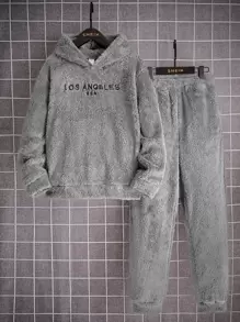 SHEIN Boys Letter Embroidery Flannel Hoodie & Jogger Trousers - Grey - View 1