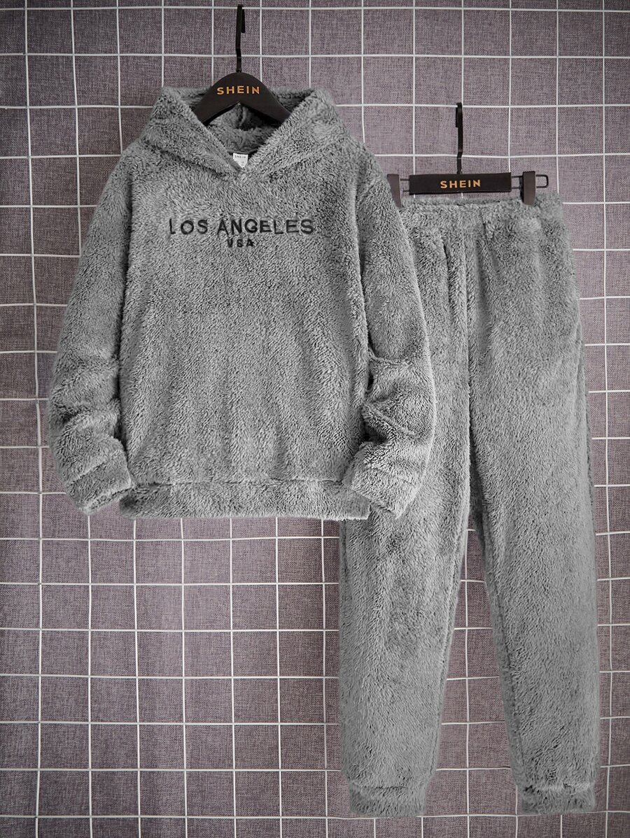 SHEIN Boys Letter Embroidery Flannel Hoodie & Jogger Trousers - Grey - View 1