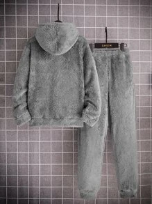 SHEIN Boys Letter Embroidery Flannel Hoodie & Jogger Trousers - Grey - View 2