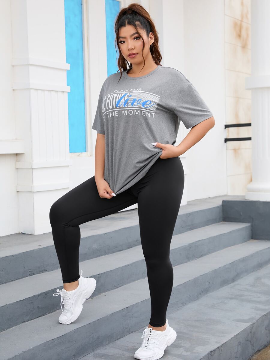 Plus Letter Graphic Drop Shoulder Tee & Leggings - Multicolor - View 1