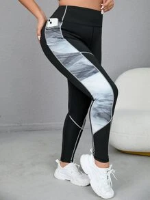 Easithlete 大碼撞色頂針收復運動打底褲帶手機袋 - 黑色 - 查看 1