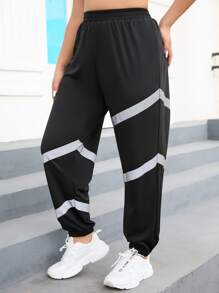 Plus Contrast Panel Elastic Waist Sports Trousers - Black - View 4