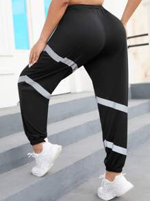 Plus Contrast Panel Elastic Waist Sports Trousers - Black - View 2