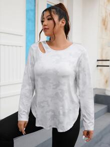 SHEIN Daily&Casual Plus Cut Out Curved Hem Camo Sports Tee - Multicolor - View 1