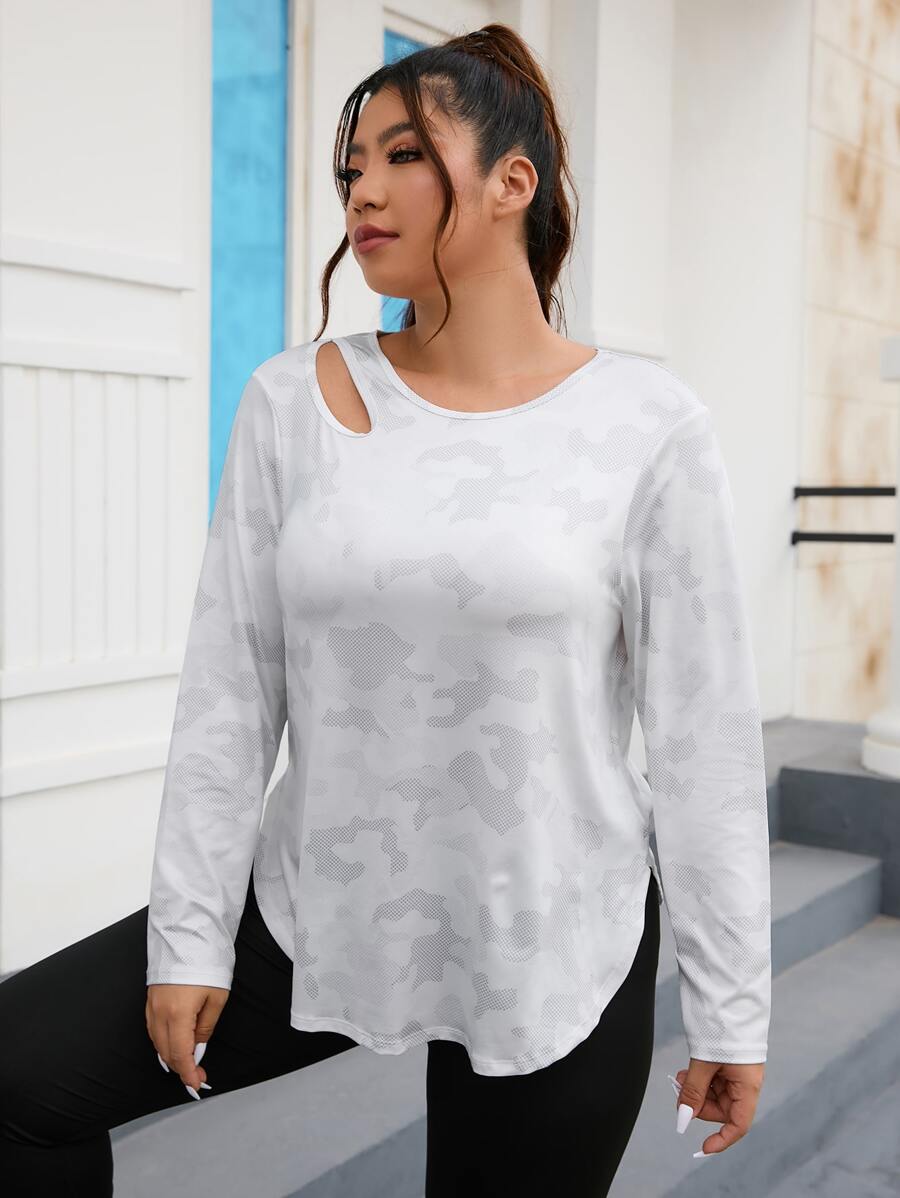 SHEIN Daily&Casual Plus Cut Out Curved Hem Camo Sports Tee - Multicolor - View 1