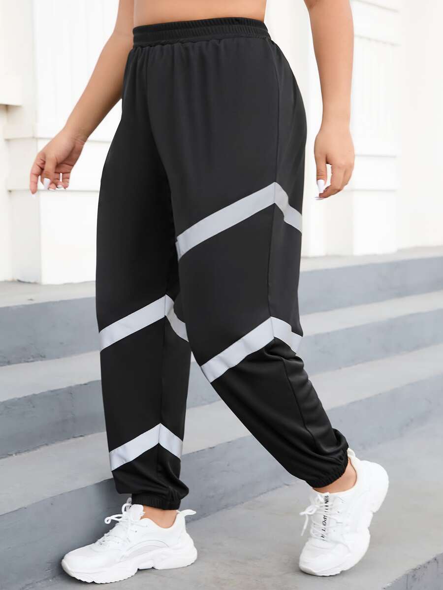 Plus Contrast Panel Elastic Waist Sports Trousers - Black - View 1