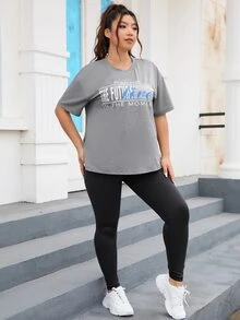 Plus Letter Graphic Drop Shoulder Tee & Leggings - Multicolor - View 5