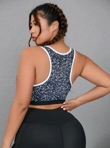 Plus Allover Print Contrast Binding Sports Bra - Navy Blue - View 2