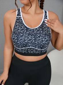 Plus Allover Print Contrast Binding Sports Bra - Navy Blue - View 1
