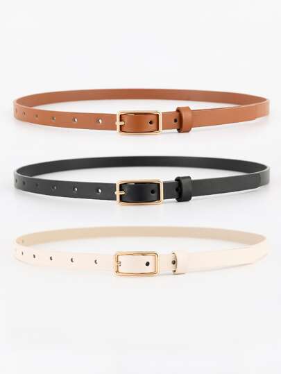 3pcs Women Black Khaki Square Buckle Belt Summer, School Fall, Autumn, Halloween