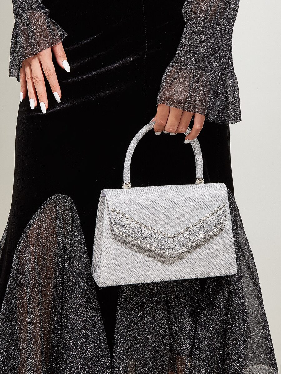 Glamoroso brillante, lentejuelas, lujo, brillante brillo decoraciónación de diamantes de imitación bolso Bolso cuadrado de noche, bolso de cena para fiesta niña, mujer, novia perfecto para fiesta, boda, baile, cena/banquete, para cóctel - Plateado - Ver 1