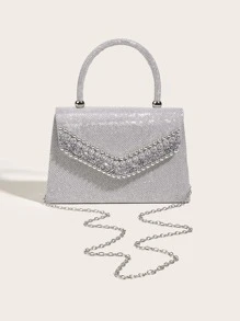 Glamoroso brillante, lentejuelas, lujo, brillante brillo decoraciónación de diamantes de imitación bolso Bolso cuadrado de noche, bolso de cena para fiesta niña, mujer, novia perfecto para fiesta, boda, baile, cena/banquete, para cóctel - Plateado - Ver 2