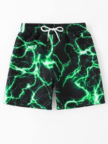 Tween Boy Lightning Print Drawstring Waist Swim Trunks