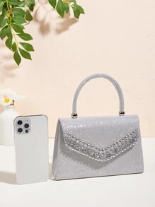 Glamoroso brillante, lentejuelas, lujo, brillante brillo decoraciónación de diamantes de imitación bolso Bolso cuadrado de noche, bolso de cena para fiesta niña, mujer, novia perfecto para fiesta, boda, baile, cena/banquete, para cóctel - Plateado - Ver 4