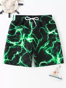 Tween Boy Lightning Print Drawstring Waist Swim Trunks