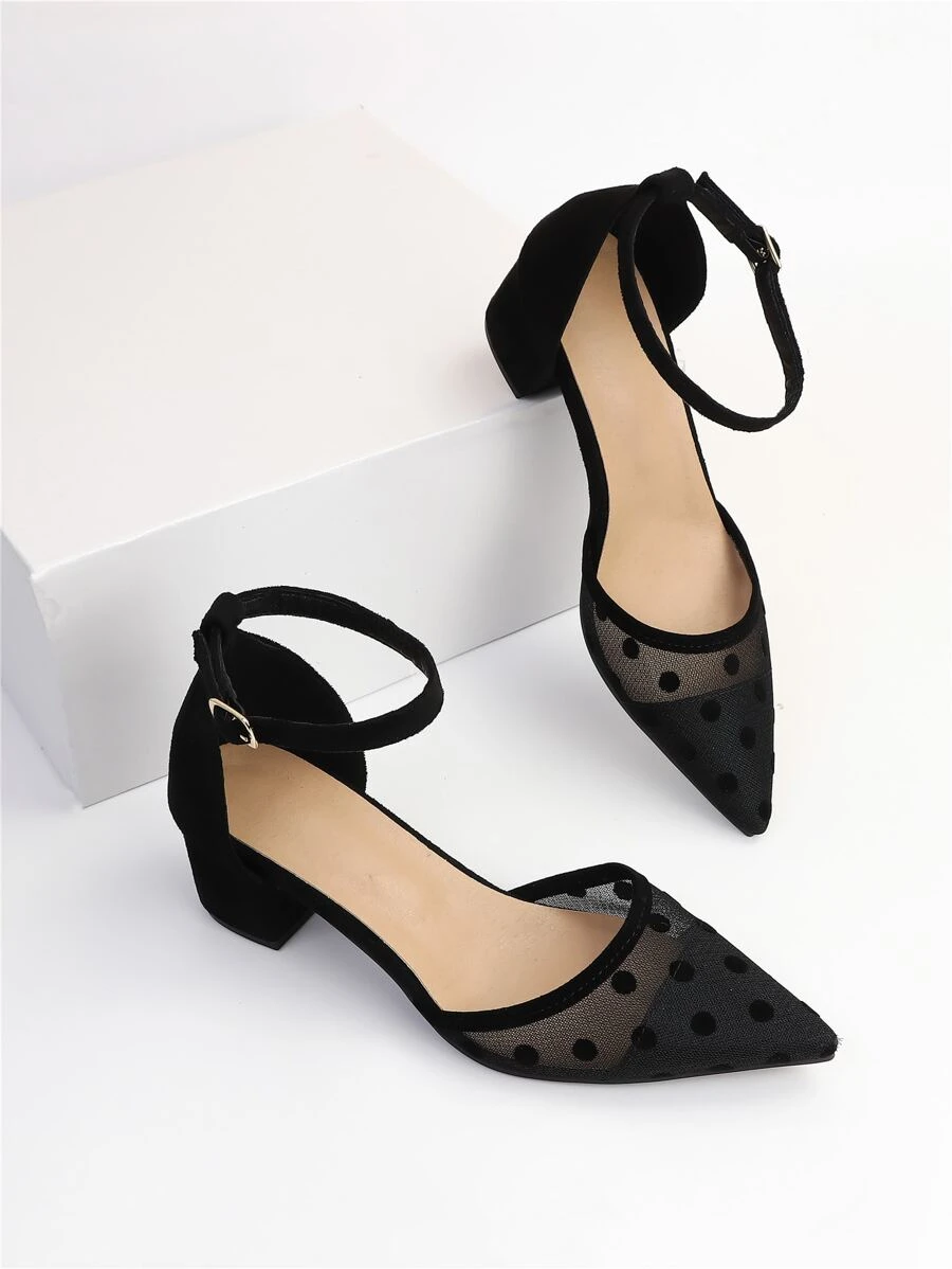 Tacones panel con malla jacquard de punta con tacón grueso tira tobillera - Negro - Ver 1