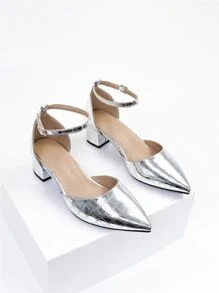 Tacones de color metálico con cocodrilo en relieve de punta con tacón grueso tira tobillera - Plateado - Ver 5