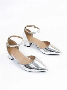 Tacones de color metálico con cocodrilo en relieve de punta con tacón grueso tira tobillera - Plateado - Ver 6