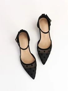 Tacones panel con malla jacquard de punta con tacón grueso tira tobillera - Negro - Ver 2