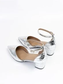 Tacones de color metálico con cocodrilo en relieve de punta con tacón grueso tira tobillera - Plateado - Ver 7