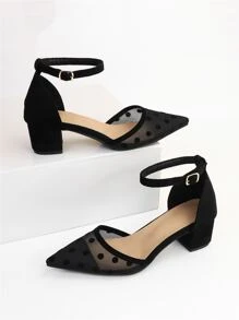 Tacones panel con malla jacquard de punta con tacón grueso tira tobillera - Negro - Ver 4