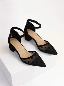 Tacones panel con malla jacquard de punta con tacón grueso tira tobillera - Negro - Ver 5