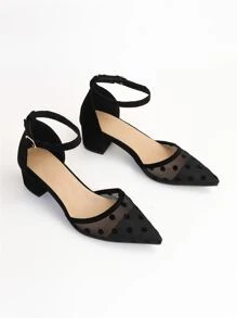 Tacones panel con malla jacquard de punta con tacón grueso tira tobillera - Negro - Ver 7