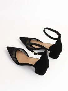 Tacones panel con malla jacquard de punta con tacón grueso tira tobillera - Negro - Ver 8