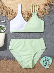 Conjunto de bikini de bloques de color para niña preadolescente, playa de verano