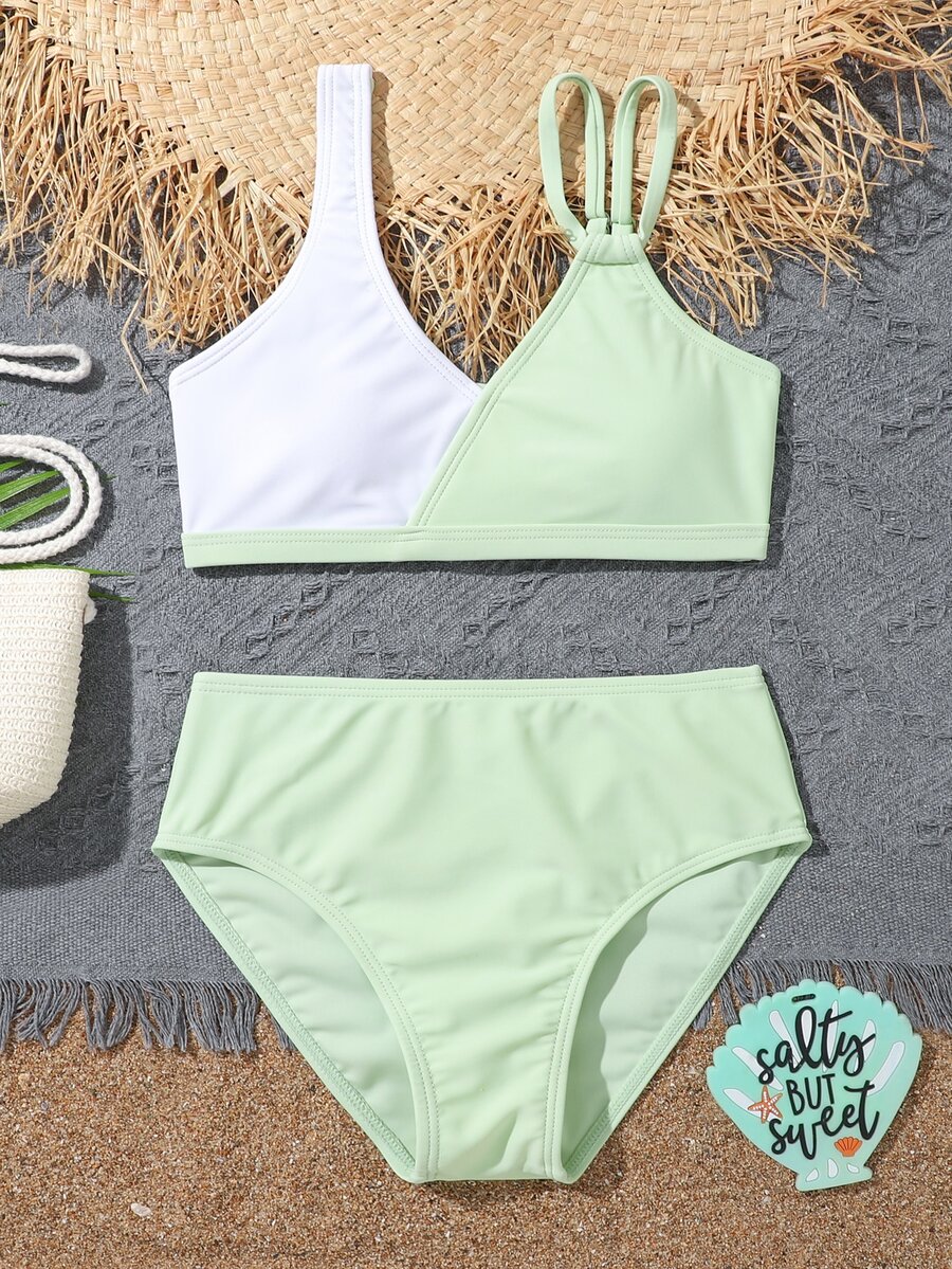 Conjunto de bikini de bloques de color para niña preadolescente, playa de verano