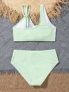 Conjunto de bikini de bloques de color para niña preadolescente, playa de verano