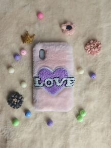 Heart & Letter Embroidered Plush Phone Case - Pink - View 1
