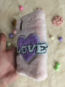 Heart & Letter Embroidered Plush Phone Case - Pink - View 4