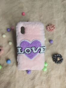 Heart & Letter Embroidered Plush Phone Case - Pink - View 5