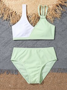 Conjunto de bikini de bloques de color para niña preadolescente, playa de verano