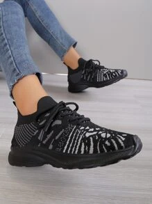 Graphic Pattern Lace-up Front Running Shoes - Black - View 1