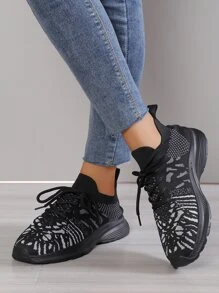 Graphic Pattern Lace-up Front Running Shoes - Black - View 5