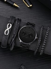 ECONOMICXI 1入組男士圓形指針石英手錶和4入組手環 - 黑色 - 查看 1