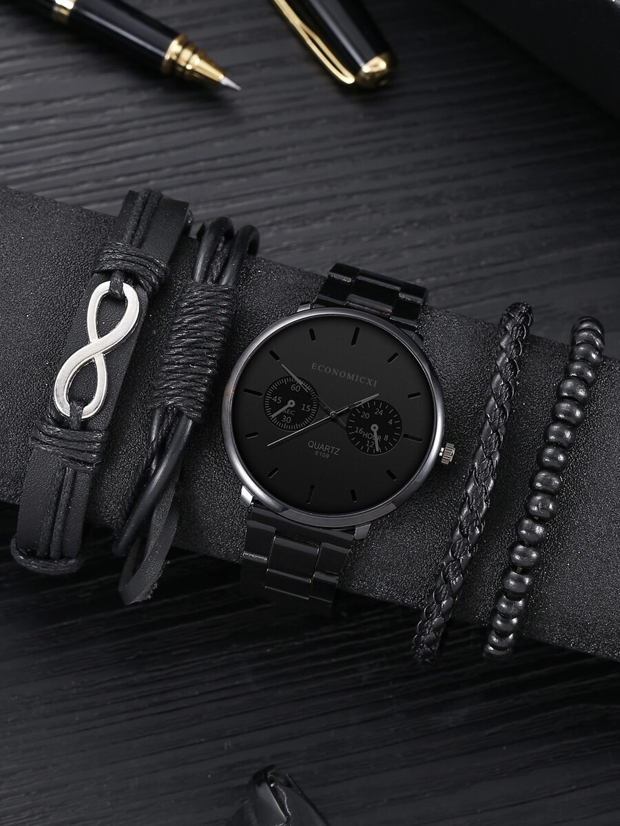 ECONOMICXI 1入組男士圓形指針石英手錶和4入組手環 - 黑色 - 查看 1