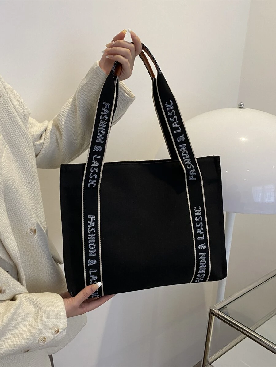 字母印花购物袋手提包、手提包、单肩包休闲、简约字母手提、大容量 适合女性、新手和白领人士、女孩、女士、大学生 礼品袋，非常适合办公室、工作、商务、通勤、购物 - 黑色 - 查看 1