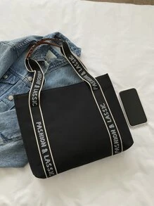 字母印花购物袋手提包、手提包、单肩包休闲、简约字母手提、大容量 适合女性、新手和白领人士、女孩、女士、大学生 礼品袋，非常适合办公室、工作、商务、通勤、购物 - 黑色 - 查看 7