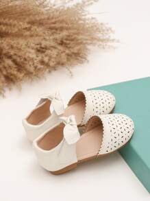 Girls Hollow Out Bow Decor Ankle Strap Flats - Beige - View 4