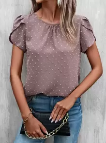 SHEIN LUNE Swiss Dot Petal Sleeve Keyhole Back Blouse - Dusty Pink - View 1