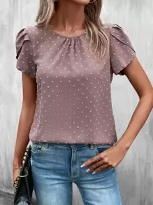 SHEIN LUNE Swiss Dot Petal Sleeve Keyhole Back Blouse - Dusty Pink - View 3