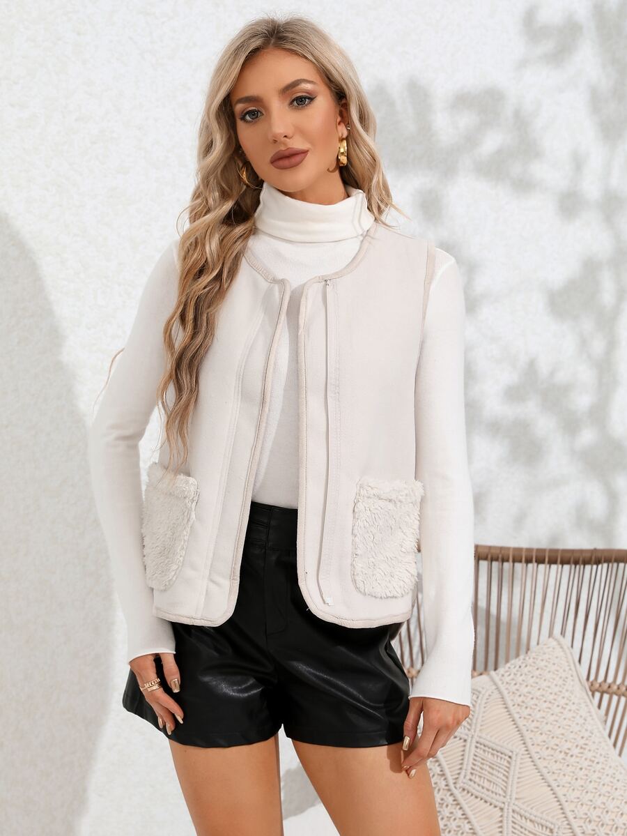 拉鏈開襟兩面可戴絨毛外套馬甲 - 米色 - 查看 1