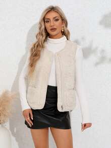 拉鏈開襟兩面可戴絨毛外套馬甲 - 米色 - 查看 4