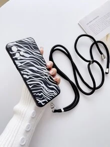 Zebra Striped Phone Case With Lanyard - Black and White - View 1