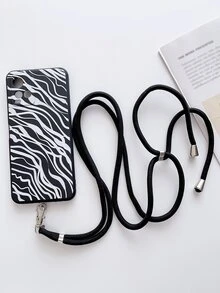 Zebra Striped Phone Case With Lanyard - Black and White - View 2