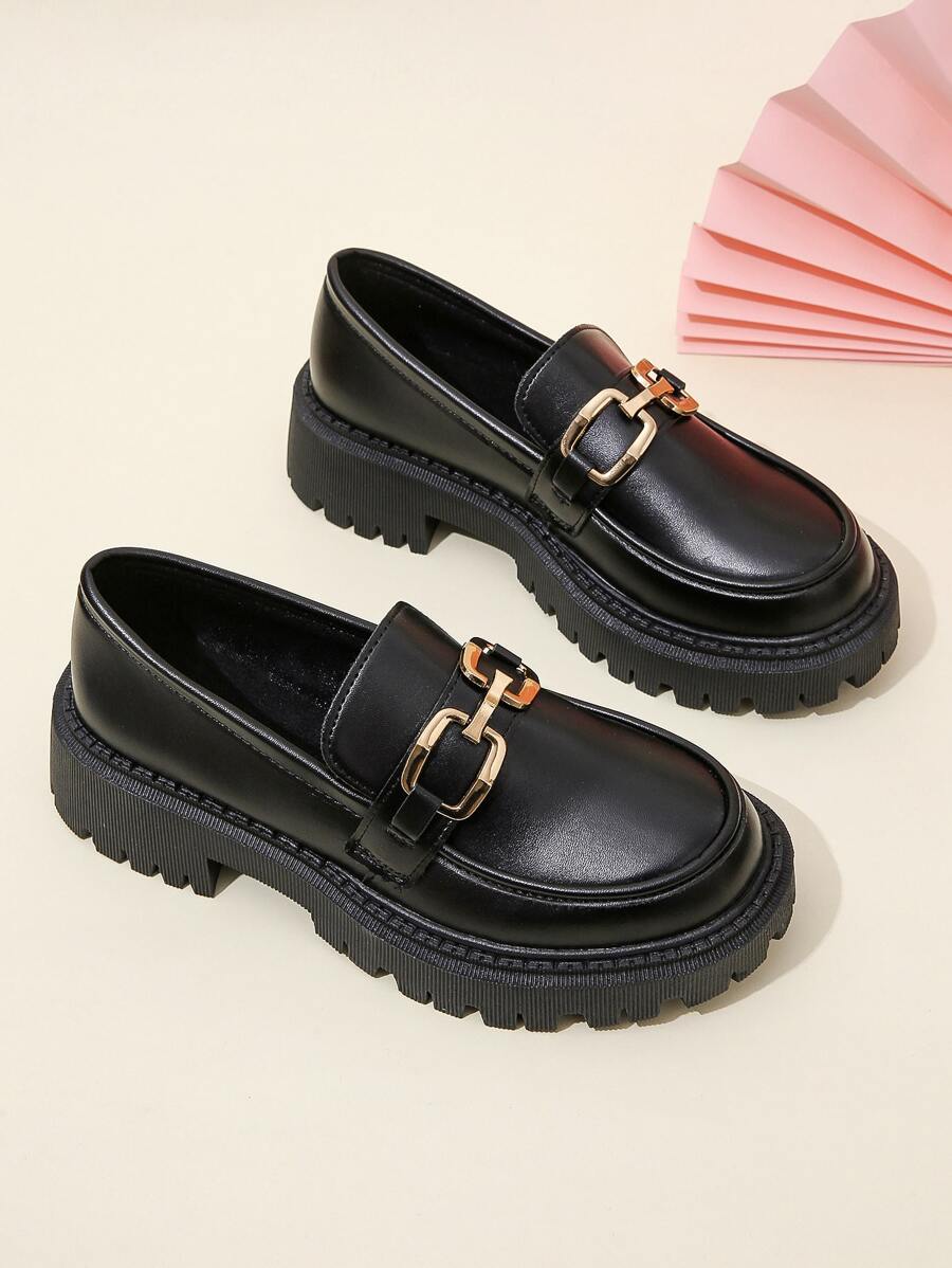 Metal Decor Slip-On Flatform Loafers - Black - View 1